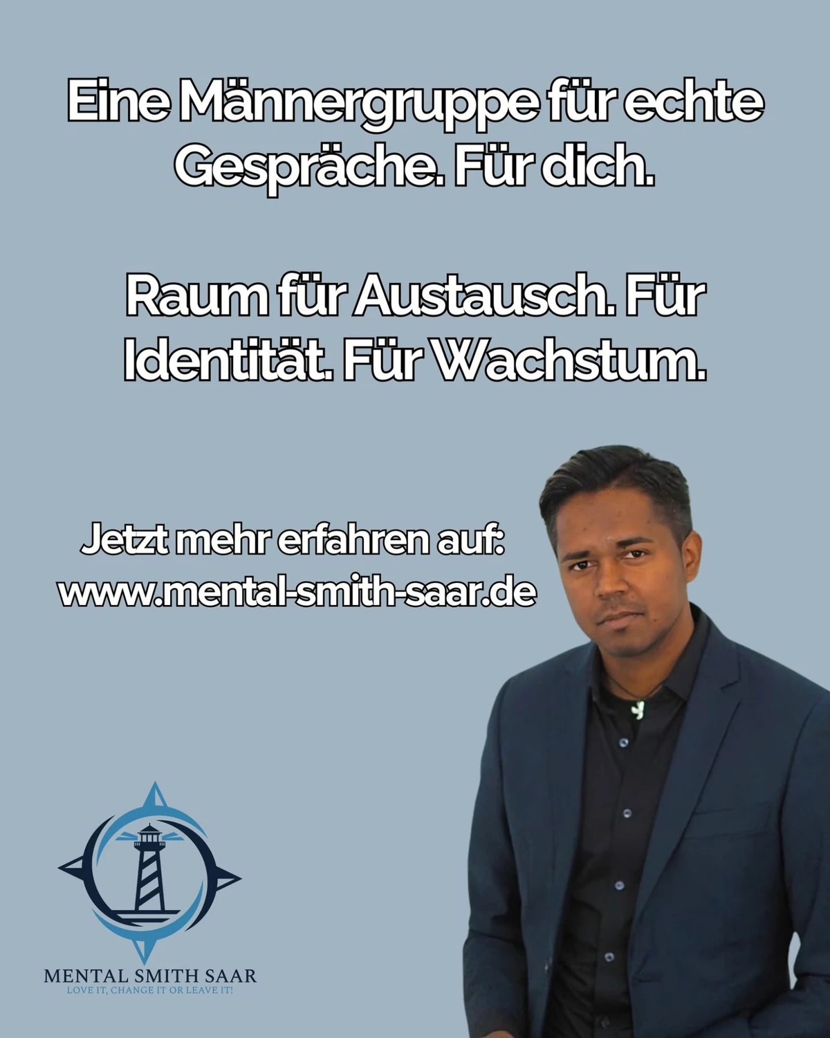 Anzeige der Männergruppe: Eine Männergruppe für echte Gespräche. Für dich. — Raum für Austausch. Für Identität. Für Wachstum.