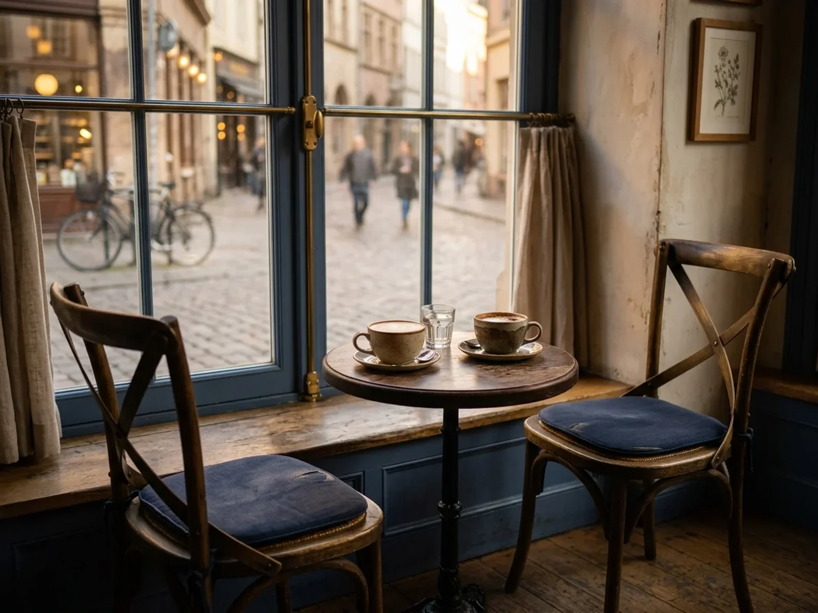 Zwei Kaffeetassen und zwei leere Stühle an einem Fenstertisch im Café