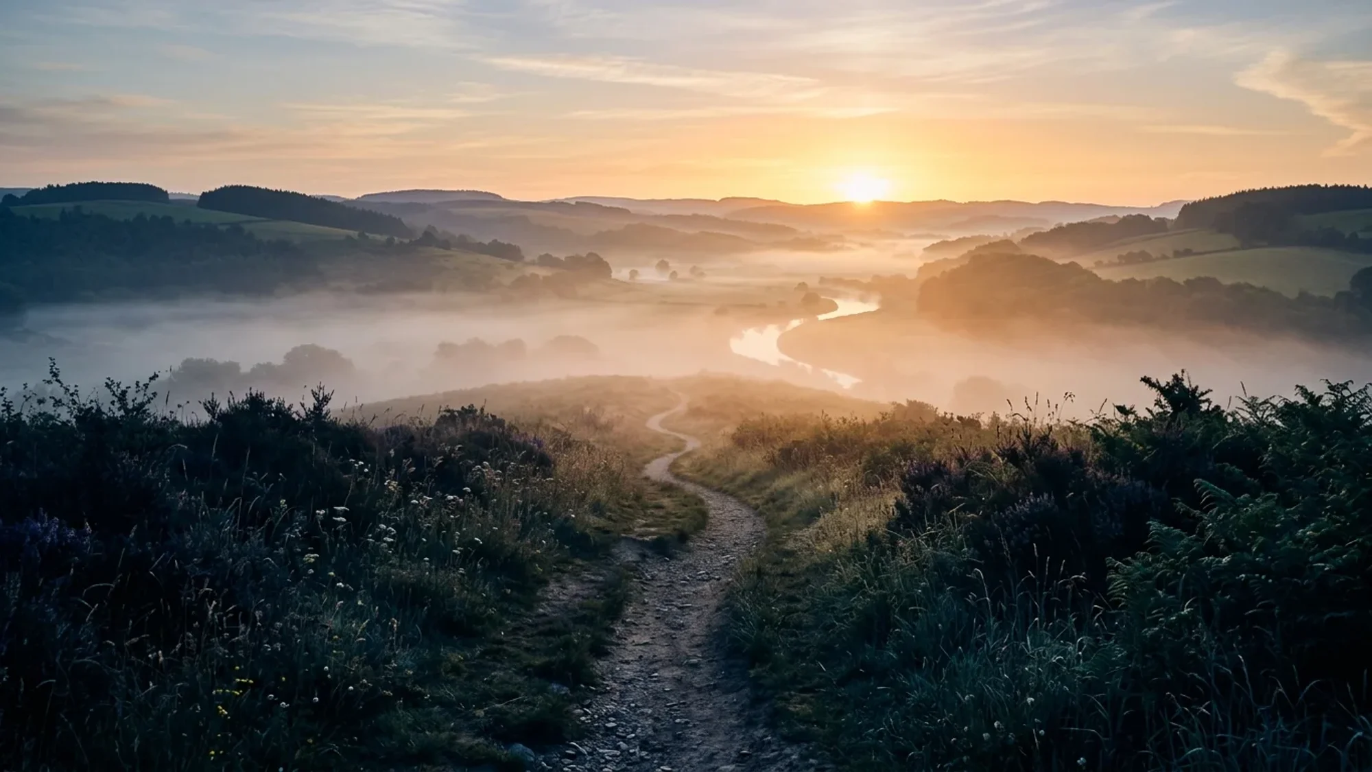 Weg durch Morgennebel in Richtung Sonnenaufgang