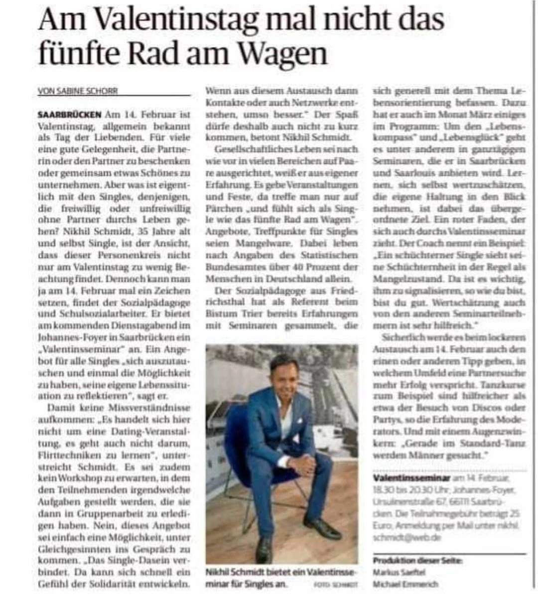 Zeitungsbericht über Nikhil Schmidt zum Valentinstag